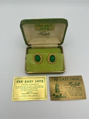 Circa 1950 Miriam Haskell Faux Jade Earrings – Complete Boxed Collector Set